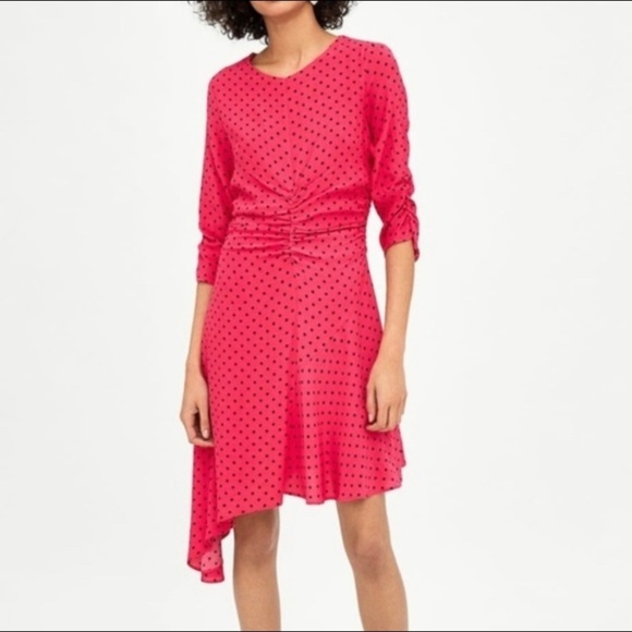 Zara Trafaluc Bright Pink Polka Dot Ruched Asymmetrical Dress - Picture 3 of 16